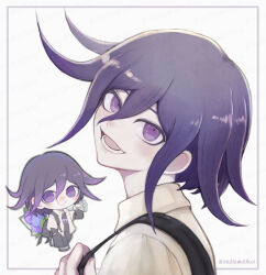 1boy bouquet chibi chibi_inset collared_shirt commentary danganronpa_(series) danganronpa_v3:_killing_harmony flipped_hair flower from_side hair_between_eyes holding holding_bouquet inukai_(inuuowoukai) layered_sleeves long_sleeves looking_at_viewer male_focus medium_hair official_alternate_costume oma_kokichi open_mouth portrait purple_eyes purple_hair shirt short_over_long_sleeves short_sleeves simple_background smile solo teeth twitter_username white_background