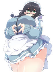 1girl alternate_body_size apron black-framed_eyewear black_hair blue_track_jacket blush braid breasts cevio curvy double-parted_bangs glasses green_eyes hanakuma_chifuyu heart heart_hands huge_breasts jersey_maid konbulatte large_breasts long_hair looking_at_viewer maid maid_apron maid_headdress panties plump simple_background solo thick_thighs thighs twin_braids unconventional_maid underwear white_background white_panties