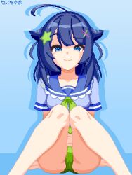1girl ahoge ass blue_eyes blue_hair cameltoe collarbone hair_ornament knees_together_feet_apart looking_at_viewer panties pixel_art school_uniform senzawa serafuku seth-chama shadow sitting smile solo underwear