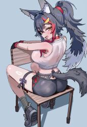 Rule 34 | 1girl, alternate costume, animal ear fluff, animal ears, armpits, ass, black hair, black shorts, blush, breasts, chair, choker, cl oor, clothing cutout, crop top, gloves, half-closed eyes, highres, hololive, large breasts, leg ribbon, long hair, looking back, multicolored hair, ookami mio, pantylines, ponytail, red choker, ribbon, shirt, shoes, short shorts, shorts, simple background, sitting, sitting backwards, sleeveless, sleeveless shirt, solo, streaked hair, tail, tail through clothes, thigh ribbon, very long hair, wolf ears, wolf girl, wolf tail, yellow eyes