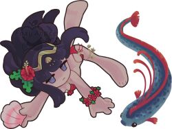 1girl artist_name bikini black_hair carp chibi clam_shell closed_mouth commentary deformed english_commentary fire_emblem fire_emblem_awakening fire_emblem_heroes fish flower foxyappleart hair_flower hair_ornament long_hair nintendo official_alternate_costume purple_eyes red_bikini red_flower simple_background swimsuit tharja_(fire_emblem) tharja_(summer)_(fire_emblem) watermark white_background