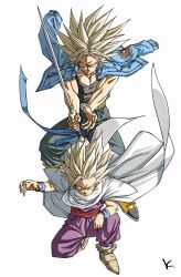 Rule 34 | 2boys, black pants, black tank top, blue jacket, cape, closed mouth, dougi, dragon ball, dragonball z, full body, hair between eyes, highres, holding, holding sword, holding weapon, jacket, jacket on shoulders, kakeru (dbskakeru), long bangs, long hair, looking at viewer, male focus, multiple boys, muscular, muscular male, on one knee, pants, smile, son gohan, spiked hair, super saiyan, super saiyan 1, super saiyan 2, sword, tank top, trunks (dragon ball), trunks (future) (dragon ball), weapon, white background, white cape, wristband