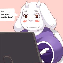 1girl breasts brown_eyes brown_hair computer english_text female_focus grape_jelly_(artist) horns open_mouth sheep short_hair simple_background single_horn solo toriel translation_request undertale upper_body