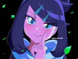 1girl black_background black_hair blue_eyes blush closed_mouth hair_ornament hairclip half-closed_eye highres index_finger_raised kame_san leaf liko_(pokemon) looking_at_viewer nintendo pokemon pokemon_(anime) pokemon_horizons smile solo twitter_username upper_body