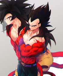 Rule 34 | black hair, blue sash, closed mouth, dougi, dragon ball, dragon ball gt, gloves, highres, long hair, male focus, monkey boy, monkey tail, multiple boys, muscular, muscular male, ommmyoh, pants, red fur, saiyan, sash, son goku, spiked hair, super saiyan, super saiyan 4, tail, twitter username, vegeta, wristband, yellow pants