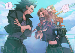 1boy 1girl aerith_gainsborough aerith_gainsborough_(midgard_seventh_high_school) belt black_choker black_collar black_gloves black_hair black_jacket black_pants black_serafuku black_skirt blue_shirt blue_sky brown_hair chair choker cloud cloudy_sky collar commentary cowboy_shot crossed_arms delinquent english_commentary final_fantasy final_fantasy_vii final_fantasy_vii_ever_crisis flower folding_chair from_side gakuran gloves green_eyes hair_flower hair_ornament hair_ribbon high_ponytail holding holding_chair holding_staff jacket jewelry leaning_forward long_hair long_sleeves looking_at_another mask midriff_peek miyukiko mouth_mask musical_note navel neckerchief necklace official_alternate_costume open_clothes open_jacket outdoors pants parted_bangs parted_lips ponytail popped_collar profile puff_of_air ribbon rooftop school_uniform serafuku shirt signature skirt sky spiked_hair spoken_musical_note staff sukeban white_flower white_neckerchief zack_fair zack_fair_(midgard_seventh_high_school)