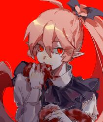 1girl black_dress blood blood_from_mouth demon_girl dress funamusea haiiro_teien looking_at_viewer pink_hair ponytail raw_meat rawberry_preserves red_eyes solo tallplaycold