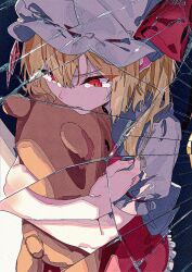 1girl ascot blonde_hair chamal_z closed_mouth crying crying_with_eyes_open crystal crystal_wings flandre_scarlet frilled_shirt_collar frills hair_between_eyes hat hat_ribbon looking_at_viewer mirror mob_cap red_eyes red_ribbon red_skirt red_vest ribbon shattered shirt short_sleeves skirt solo stuffed_animal stuffed_toy tearing_up tears teddy_bear touhou vest wings