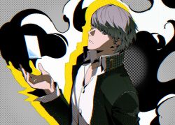 1boy black_jacket card floating floating_object grey_background grey_eyes grey_hair highres jacket lluyss long_sleeves looking_at_viewer male_focus narukami_yu outline persona persona_4 school_uniform shirt short_hair solo white_shirt yasogami_school_uniform yellow_outline