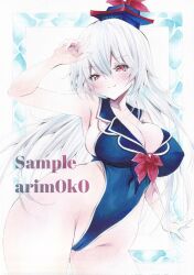 1girl arim0k0 artist_name blue_hat blue_one-piece_swimsuit blush breasts cleavage closed_mouth commentary covered_erect_nipples covered_navel grey_hair groin hat highres kamishirasawa_keine large_breasts long_hair looking_at_viewer marker one-piece_swimsuit red_eyes sample_watermark skindentation smile solo swimsuit touhou traditional_media watermark