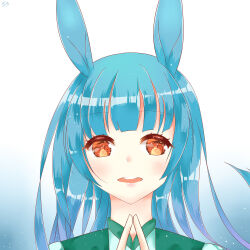 Rule 34 | 1girl, absurdres, animal ears, blue background, blue hair, blunt bangs, character request, chinese clothes, copyright request, eyelashes, gradient background, green hanfu, hanfu, happy, highres, kirina zero, light blush, light particles, long hair, looking at viewer, open mouth, orange eyes, own hands together, rabbit ears, signature, smile, solo, straight-on, teeth, upper body, upper teeth only, very long hair, white background