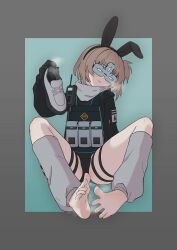 absurdres animal_ears arknights black_hairband black_pantyhose feet gloves grey_leg_warmers hairband highres holding holding_shoe holding_shoes holding_unworn_clothes leafmat_(arknights) leg_warmers legs loose_socks pantyhose rabbit_ears rabbit_girl shoes smell smug socks sokolov_(sylviasokolova) steam steaming_body unworn_shoes