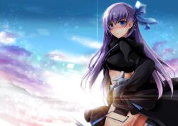 Rule 34 | 1girl, :/, backlighting, black jacket, black skirt, blue eyes, blush, breasts, commentary request, cropped jacket, fate/extra, fate/extra ccc, fate (series), from side, hair ribbon, hashtag-only commentary, jacket, juliet sleeves, kiki (koikuchikinako), lens flare, long hair, long sleeves, meltryllis (fate), midriff, puffy sleeves, purple hair, ribbon, skirt, sleeves past fingers, sleeves past wrists, small breasts, solo