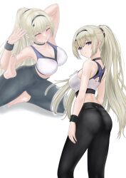 1girl armpits artist_name ass azur_lane bare_shoulders black_choker blonde_hair choker closed_mouth commentary_request flexible hairband highres kotto-koto long_hair looking_at_viewer painleve_(azur_lane) painleve_(team_stretching)_(azur_lane) pants partial_commentary ponytail soles solo sports_bra stretching sweat tight_clothes tight_pants toes white_background white_sports_bra yoga yoga_pants