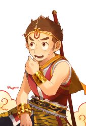 1boy bangle bead_bracelet beads blush bracelet brown_hair chaba_ga_oishii circlet cloud commentary cosplay facial_mark forehead_mark furry furry_male hanuman_(housamo) highres holding_behind_back holding_polearm holding_polearm_behind_back holding_weapon holding_weapon_behind_back jewelry long_sideburns looking_away male_focus monkey_boy open_mouth polearm shirt short_hair sideburns solo sun_wukong sun_wukong_(cosplay) sweatdrop thick_eyebrows tokyo_houkago_summoners upper_body weapon white_background