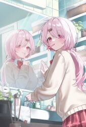 Rule 34 | 1girl, bathroom, bow, bowtie, chu (ch u ing), closed mouth, commentary, different reflection, eyes visible through hair, finger to mouth, hair ornament, hair over one eye, hand mirror, highres, indoors, long hair, looking at viewer, mirror, mouth hold, nijisanji, pink eyes, pink hair, plaid clothes, plaid skirt, ponytail, red bow, red bowtie, red skirt, reflection, shiina yuika, skirt, smile, solo, sweater, symbol-only commentary, toothbrush, virtual youtuber, white sweater