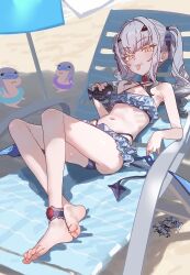 1girl absurdres bare_shoulders barefoot beach bikini black_bikini blush breasts chibi choker ebora fate/grand_order fate_(series) feet fish_bottle forked_eyebrows frilled_bikini frills highres knees_apart_feet_together legs long_hair looking_at_viewer melusine_(fate) sidelocks small_breasts smile soles solo_focus swimsuit tail toenails toes tongue tongue_out twintails white_hair yellow_eyes