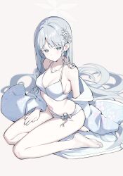 1girl absurdres bikini blue_archive blush braid breasts cleavage floral_print floral_print_kimono flower hair_ornament hair_over_shoulder halo hand_on_lap highres japanese_clothes jewelry kimono long_hair nagusa_(blue_archive) nagusa_(swimsuit)_(blue_archive) navel necklace official_alternate_costume open_clothes parted_bangs print_kimono seiza sideboob sitting snowflake_hair_ornament solo swimsuit tamago_(eva1314056) thick_eyelashes white_background white_bikini white_eyes white_hair white_halo white_kimono