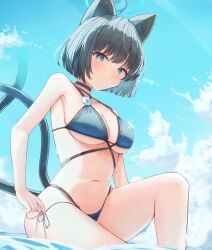 1girl absurdres animal_ears bare_shoulders bikini black_hair blue_archive blue_bikini blue_eyes blue_halo blue_sky breasts cat_ears choker cleavage cloud commentary_request expressionless halo highres kikyou_(blue_archive) kikyou_(swimsuit)_(blue_archive) layered_bikini looking_at_viewer multiple_tails navel nomi_(gpjg7877) official_alternate_costume sitting sky solo stomach swimsuit tail two_tails water