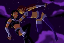 2girls blackfire blush crop_top dc_comics flying highres multiple_girls navel night siblings sisters skirt sleeveless smile starfire teen_titans