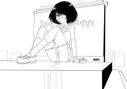 1girl black_hair cross eating eyepatch food grave graveyard long_sleeves monochrome panties panty_pull peeing pocky puddle pussy school_uniform shirt shoes short_hair sign sitting skirt socks uncensored underwear white_legwear white_panties