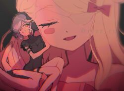2girls bad_id bad_twitter_id black_dress black_hat blonde_hair blush_stickers bow chizuru_(cizz_ru) closed_eyes dress eyepatch grey_hair hair_bow hands_up hat in_palm long_hair magical_girl mahou_shoujo_ikusei_keikaku mahou_shoujo_ikusei_keikaku_restart mini_person minigirl multiple_girls pfle pink_bow pushing_away shadowgale short_hair sitting smile upper_body