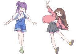 Rule 34 | 2girls, absurdres, alternate costume, blue overalls, brown hair, cardigan, closed mouth, collared shirt, commentary, fujishima megumi, full body, green eyes, green shoes, grey skirt, hair bun, hair intakes, highres, link! like! love live!, long hair, looking at viewer, love live!, miniskirt, multiple girls, open cardigan, open clothes, otomune kozue, outstretched arms, overall shorts, overalls, pink cardigan, pleated skirt, purple hair, shirt, shoes, short sleeves, side ponytail, sidelocks, simple background, single side bun, skirt, smile, split mouth, sunkeun, two side up, v, very long hair, virtual youtuber, white background, white shirt
