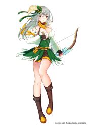 1girl arrow_(projectile) artist_name bicorne bird black_gloves blush boots bow_(weapon) breasts brown_boots brown_shorts cleavage closed_mouth commentary_request corset dated detached_sleeves dove fingerless_gloves frown full_body gloves green_corset green_hat grey_eyes grey_hair hat highres holding holding_arrow holding_bow_(weapon) holding_weapon large_breasts long_hair looking_at_viewer mio1030 official_alternate_costume ragnarok_online ranger_(ragnarok_online) scarf short_shorts shorts simple_background solo standing weapon white_background white_bird white_sleeves yellow_scarf