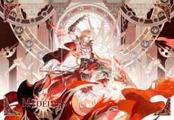1boy abs absurdres arm_tattoo arm_up armlet armor armored_boots black_coat black_pants blonde_hair boots braid cape character_name chest_tattoo chinese_commentary coat commentary_request earrings facial_tattoo gold_earrings gold_necklace gradient_hair hair_between_eyes hand_up highres honkai:_star_rail honkai_(series) jewelry looking_at_viewer male_focus medium_hair multicolored_hair mydei_(honkai:_star_rail) necklace nnnnnova open_clothes open_coat pants pauldrons red_cape red_hair red_tattoo sample_watermark shoulder_armor side_braid single_pauldron solo tattoo toned toned_male waist_cape watermark yellow_eyes