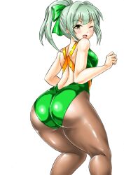 Rule 34 | 1girl, ass, back, black pantyhose, blush, bow, breasts, brown eyes, commentary request, competition swimsuit, green hair, green one-piece swimsuit, grey hair, hair bow, hair ribbon, kantai collection, kudou (ooabareteng), looking at viewer, looking back, one-piece swimsuit, one eye closed, open mouth, pantyhose, pantyhose under swimsuit, ponytail, ribbon, short hair, smile, solo, swimsuit, white background, yuubari (kancolle)