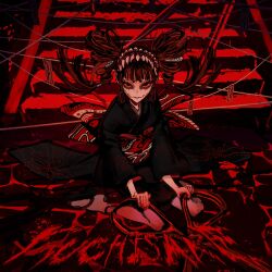 1girl black_hair black_hairband black_kimono blood blood_on_ground blood_splatter blood_writing closed_mouth drill_hair earrings eldritch_abomination hairband highres holding holding_scissors japanese_clothes jewelry kasane_teto kimono kuchisake-onna kuchisake_(synthesizer_v) long_hair long_sleeves looking_at_viewer multicolored_hair obi odori_(kyuu_saku) ofuda on_ground oversized_object red_eyes red_sash red_theme sash scissors second-party_source sitting solo song_name stairs string twin_drills two-tone_hair utau wariza