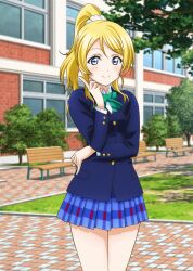 1girl anime_coloring ayase_eli bench blazer blonde_hair blue_eyes blue_jacket blue_skirt blush bow bowtie cowboy_shot day diagonal-striped_bow diagonal-striped_bowtie diagonal-striped_clothes dress_shirt green_bow green_bowtie hand_up hirayama_madoka index_finger_raised jacket long_hair long_sleeves looking_at_viewer love_live! love_live!_school_idol_festival love_live!_school_idol_project miniskirt official_art otonokizaka_school_uniform outdoors plaid_clothes plaid_skirt pleated_skirt ponytail school school_uniform shirt skirt smile solo striped_clothes tile_floor tiles tree white_shirt winter_uniform