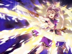 1girl arm_up armpits belt black_belt blonde_hair blush bracelet brown_eyes collared_shirt earmuffs frilled_skirt frills gold_bracelet gold_shoes gradient_clothes hand_on_weapon jewelry light_particles light_rays makuwauri medium_hair purple_background purple_ribbon purple_skirt ribbon ritual_baton shirt shoes skirt sky sleeveless sleeveless_shirt smile solo star_(sky) starry_sky sword touhou toyosatomimi_no_miko weapon
