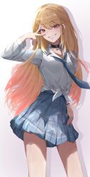 1girl absurdres achun barbell_piercing black_choker blonde_hair blue_necktie blue_skirt bracelet choker collared_shirt colored_tips commentary ear_piercing earrings gradient_background grey_background grin highres hoop_earrings jewelry kitagawa_marin long_hair long_sleeves looking_at_viewer multicolored_hair multiple_bracelets nail_polish necktie piercing pink_eyes pink_nails pleated_skirt school_uniform shirt skirt smile solo sono_bisque_doll_wa_koi_wo_suru standing summer_uniform tied_shirt v v_over_eye white_shirt