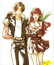 1boy 1girl asamiya_athena brown_hair flower kusanagi_kyou psycho_soldier purple_hair school_uniform smile snk the_king_of_fighters