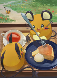 black_eyes cheese commentary cup dedenne drink eating flower food fork gen_6_pokemon grass highres holding holding_fork kanataeni looking_at_food nintendo no_humans open_mouth outdoors path plate pokemon pokemon_(creature) road running saucer smile standing symbol-only_commentary tea teacup whiskers