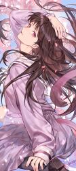1girl absurdres arm_up artist_name black_pantyhose brown_hair brown_ribbon commentary_request dated falling_petals hair_spread_out hand_on_own_ankle hand_on_own_head highres iki_hiyori long_hair long_sleeves looking_at_viewer neck_ribbon noragami pantyhose parted_lips petals pink_serafuku pink_shirt pink_skirt red_eyes ribbon sailor_collar sailor_shirt school_uniform serafuku shirt skirt solo tail white_sailor_collar xuchuan