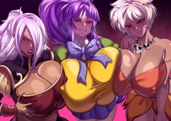Rule 34 | 3girls, angry, bikini, blonde hair, blue eyes, bowtie, breasts, brown eyes, cleavage, crossover, dark-skinned female, dark skin, dragonaut, eiken, flower skirt, garnet mclane, gigantic breasts, green eyes, hand on own chest, huge breasts, jungle de ikou, long hair, mii (jungle de ikou), military uniform, misono kirika, multiple girls, necklace, nipples, orange bikini, pauldrons, purple bow, purple bowtie, purple hair, purple skirt, shiny skin, short hair, shoulder armor, skin tight, skirt, skull necklace, smile, smug, steve chopz, swimsuit, zashono academy school uniform