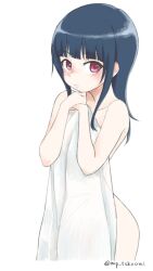 1girl black_hair commentary_request cowboy_shot hibike!_euphonium holding holding_towel liz_to_aoi_tori long_hair naked_towel red_eyes sidelocks solo takeomi_(shitamatsuge) towel twitter_username yoroizuka_mizore