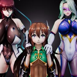 1boy 2girls 3d :&gt; :o androgynous artist_request bare_shoulders black_choker blush bodysuit boots brown_hair choker corruption covered_navel curvy domino_mask female_pervert femdom gloves grabbing_from_behind green_hair hair_ribbon highleg highleg_leotard highres impossible_clothes impossible_leotard leotard long_hair mask mizuki_shiranui multiple_girls pervert pink_eyes revealing_clothes ribbon shiny_skin size_difference snake_lady surprised taimanin_(series) taimanin_rpgx thong_leotard trap uehara_shikanosuke very_long_hair you_gonna_get_raped
