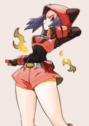 1girl black_shirt breasts creatures_(company) crop_top eudetenis game_freak highres nintendo pokemon pokemon_oras purple_eyes purple_hair red_shirt red_shorts serious shirt shorts solo team_magma team_magma_grunt team_magma_uniform