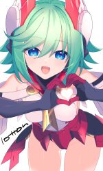 1girl :d azure_striker_gunvolt bare_legs bare_shoulders blue_eyes breasts commentary elbow_gloves gloves green_hair gunvolt_chronicles_luminous_avenger_ix hair_between_eyes headgear heart heart_hands highres leotard lololotton looking_at_viewer medium_hair multicolored_leotard open_mouth paid_reward_available roro_(gunvolt) roro_day signature small_breasts smile solo