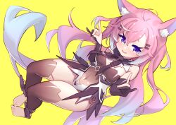 1girl absurdres ahoge animal_ear_fluff animal_ears bare_shoulders black_gloves black_leotard black_thighhighs blue_eyes blush bow bowtie breasts covered_navel fox_ears fox_girl fox_shadow_puppet full_body gloves gradient_hair hair_between_eyes hair_ornament hairclip highres indie_virtual_youtuber leotard long_bangs long_hair looking_at_viewer multicolored_hair open_mouth pink_hair shippitsu sidelocks simple_background solo stirrup_legwear teletha_(vtuber) thighhighs thighs toeless_legwear toes very_long_hair virtual_youtuber yellow_background