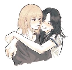 Rule 34 | 2girls, 6w6uwu, black eyes, black hair, black shirt, blonde hair, blush, closed eyes, commentary request, korean commentary, long hair, medium hair, multiple girls, open mouth, real life, sasaki rico (voice actor), shirt, simple background, upper body, voice actor, white background, white shirt, yonezawa akane, yuri