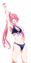 armpits artist_name bikini bracelet breasts cleavage cleavage_cutout clothing_cutout double-parted_bangs eiyuu_densetsu hair_between_eyes jewelry large_breasts long_hair looking_at_viewer navel one_eye_closed open_mouth parted_bangs pink_hair ponytail sara_valestein sen_no_kiseki_(series) simple_background smile swimsuit white_background xiacheng_tatsuya yellow_eyes