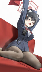 1girl animal_ear_fluff animal_ears arm_behind_head arms_up black_hair black_pantyhose blue_archive blue_jacket blue_skirt blush bow commentary gloves grey_eyes hair_between_eyes hair_ornament highres holding_own_tail jacket no_shoes official_alternate_costume one_eye_closed open_mouth panda_ears panda_girl pantyhose red_bow shi_ling_fangcheng shirt short_hair sitting skirt solo stretching tail tsubaki_(blue_archive) tsubaki_(guide)_(blue_archive) walkie-talkie wariza white_gloves white_shirt