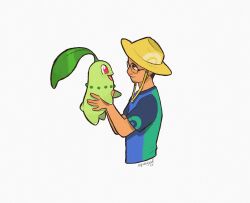1boy artist_name blue_shirt chikorita colored_skin from_side gen_2_pokemon glasses green_shirt green_skin hat highres holding holding_pokemon leaf looking_at_another multicolored_shirt nintendo open_mouth pokemon pokemon_(creature) red_eyes shirt short_sleeves signature simple_background squeegool upper_body white_background yellow_hat