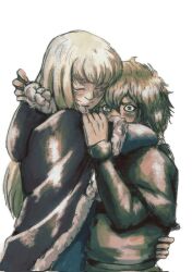 2boys amber_skai belt blonde_hair blush canute cape closed_eyes closed_mouth fur_trim hair_between_eyes hand_on_another&#039;s_arm hand_on_another&#039;s_back height_difference highres hug light_smile long_hair male_focus multiple_boys prince simple_background staring thorfinn viking vinland_saga white_background yaoi