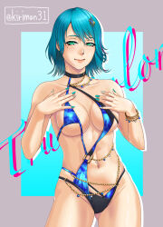 Rule 34 | absurdres, bikini, breasts, cowboy shot, dead or alive, dead or alive xtreme, dead or alive xtreme venus vacation, green eyes, green hair, hair ornament, hands on own chest, highres, kirishima (kiriman31), light smile, medium breasts, mismatched bikini, mole, mole under eye, nail polish, navel, red streaks, short hair, skindentation, swimsuit, tamaki (doa), twitter username