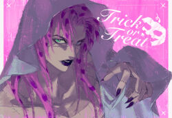 1boy artist_name border cloak diavolo english_text eyelashes firepok green_eyes halloween jojo_no_kimyou_na_bouken looking_at_viewer male_focus outside_border pink_background pink_hair pink_theme polka_dot polka_dot_hair pumpkin purple_hair purple_lips purple_nails sketch solo spotted_hair stitched_fingers upper_body vento_aureo white_border white_cloak